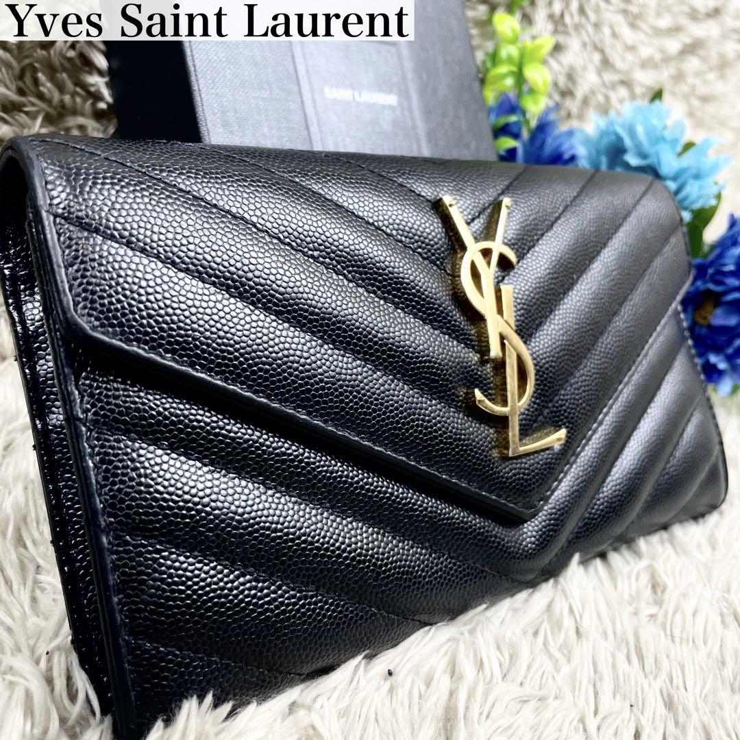 サンローラン YSL 長財布 Vステッチ キャビアスキン レザー ブラック