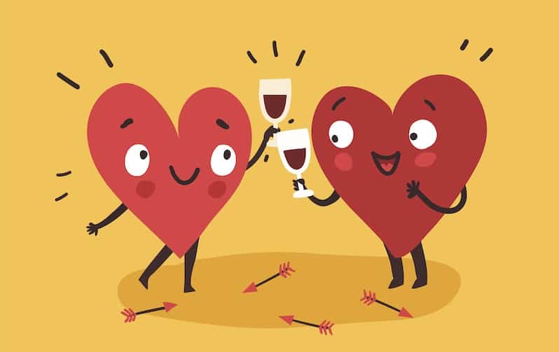 friendship analogy with two hearts drinking wine happily