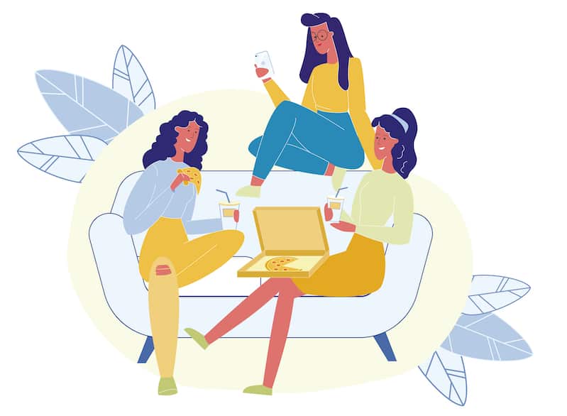 women-having-pizza-and-sitting-on-couch
