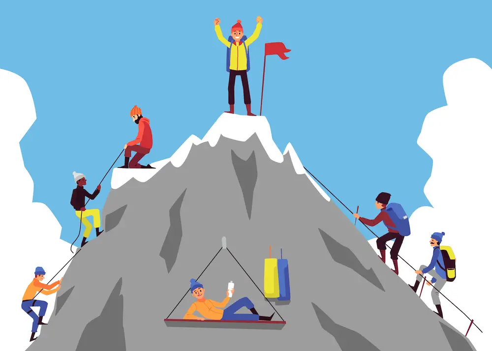 Men and women climbing mountain peak of success