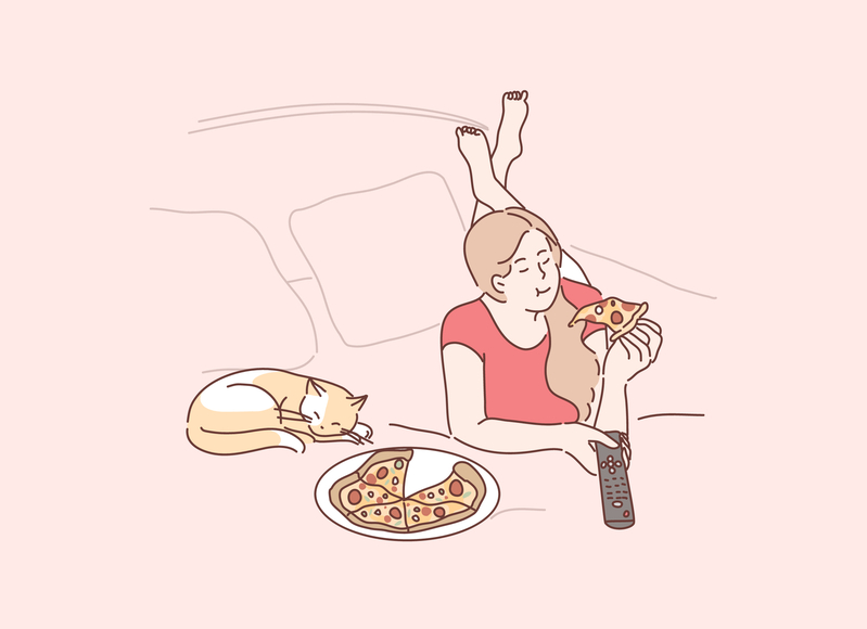 Woman with chronic illness eating pizza on bed