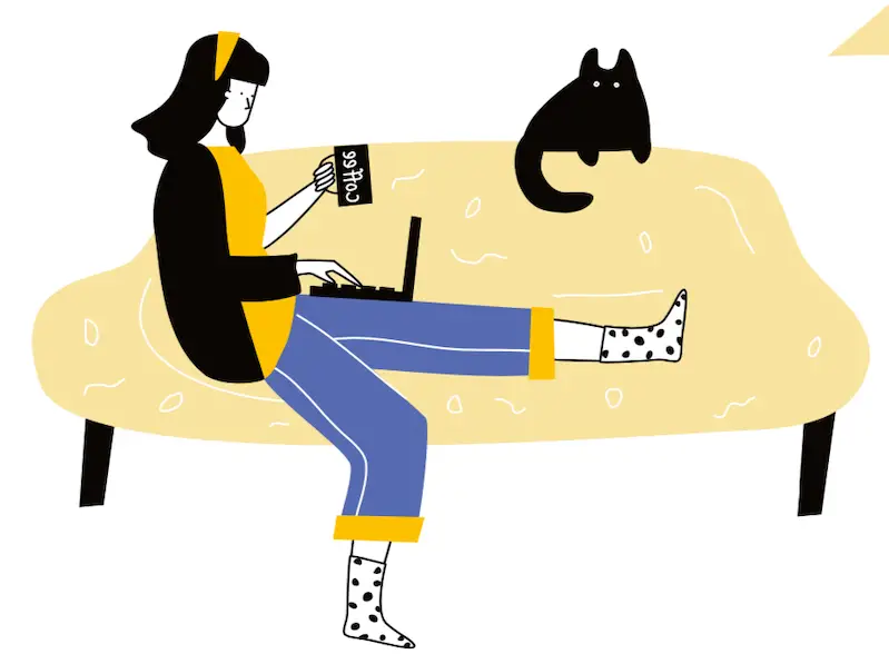 Woman on couch drinking tea with cat